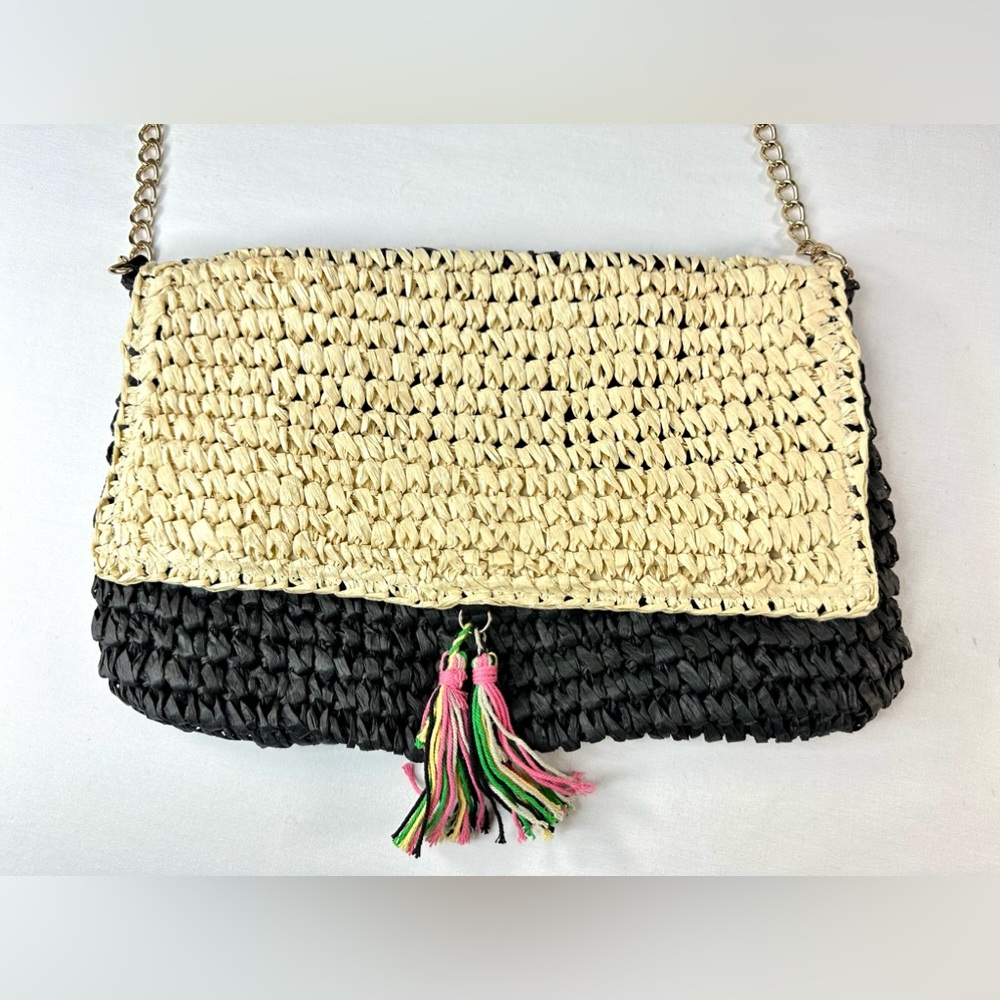 Clutch Bag Paper Straw with 2 Multicolor Tassel Boho Style